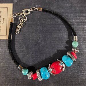 Turquoise & Coral Stone Bracelet with Black Velvet Silver Tone Accents Style M